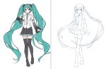  2girls absurdly_long_hair aqua_eyes aqua_hair aqua_ribbon black_footwear black_skirt boots closed_mouth collared_shirt crossed_legs detached_sleeves dual_persona flat_color floating_hair hand_up hatsune_miku hatsune_miku_(nt) hatsune_miku_(vocaloid4) ixima knees_together_feet_apart light_blush lineart long_hair looking_at_viewer multiple_girls neck_ribbon official_art pleated_skirt ribbon see-through see-through_sleeves shirt simple_background skirt smile thigh_boots twintails unfinished v4x very_long_hair vocaloid white_background white_shirt 