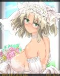  1girl backless_dress backless_outfit bangs bare_shoulders blush bouquet breasts bridal_veil bride cleavage cleavage_cutout clothing_cutout dress flower glasses gloves green_eyes holding holding_bouquet imu_(senran_kagura) large_breasts light_brown_hair looking_at_viewer minnku parted_bangs pectoral_cleavage pectorals senran_kagura senran_kagura_new_link short_twintails shoulder_blades sideboob smile solo tiara twintails veil wedding wedding_dress white_dress 