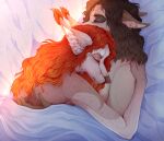  2020 anthro artist_name bedding bedding_background brown_body brown_fur brown_hair canid canine canis dated duo ear_tuft ears_back embrace eyes_closed female fur grey_body grey_fur hair hi_res hug lying male male/female mammal nude on_side pivoted_ears red_hair santanahoffman side_view spots spotted_body spotted_fur tuft wavy_hair wolf 