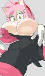  accessory amy_rose anthro breasts clothing eulipotyphlan female fur gloves green_eyes grey_background handwear headband hedgehog hi_res looking_at_viewer looking_down mammal nipples noblood pink_body pink_fur rouge_the_bat sega simple_background solo sonic_the_hedgehog_(series) tight_clothing undressing view_from_below 