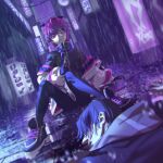  2boys cyberpunk highres male_focus multiple_boys non-web_source original purple_eyes purple_hair purple_theme shiei_yudzuki 