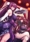  2girls ass breasts bun_cover chair china_dress chinese_clothes crossed_arms double_bun dress elbow_gloves fate/grand_order fate_(series) food gloves hair_bun hand_fan highres holding holding_tray lantern large_breasts long_hair looking_at_viewer multiple_girls paper_fan paper_lantern purple_hair red_eyes revision saboten_teishoku scathach_(fate) scathach_skadi_(fate) side_slit smile teapot tray 