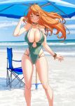  1girl alternate_costume ass_visible_through_thighs beach bracelet breasts brown_eyes closed_mouth commentary covered_navel highres jewelry large_breasts long_hair looking_at_viewer nami_(one_piece) one-piece_swimsuit one_eye_closed one_piece orange_hair outdoors smile solar_(happymonk) solo standing straight-on swimsuit tattoo 
