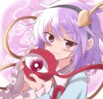  1girl :3 black_hairband blouse blue_shirt blush buttons closed_mouth eyeball frilled_shirt_collar frilled_sleeves frills hair_ornament hairband heart heart_button heart_hair_ornament komeiji_satori long_sleeves looking_at_viewer messy_hair pink_hair purple_eyes red_eyes shinmon_akika shirt short_hair smile solo third_eye touhou upper_body wide_sleeves 