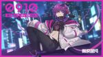  1boy city_lights cyberpunk highres male_focus midriff non-web_source original purple_eyes purple_hair shiei_yudzuki solo 
