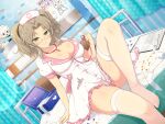  1girl bangs bed bed_sheet breasts cleavage clinic glasses green_eyes hat highres hospital hospital_bed imu_(senran_kagura) large_breasts light_brown_hair looking_at_viewer nurse nurse_cap on_bed parted_bangs puffy_short_sleeves puffy_sleeves sana_channel senran_kagura short_sleeves short_twintails sidelocks thighhighs twintails white_thighhighs yaegashi_nan 