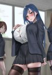  blazer blue_hair blush bra bra_peek breasts button_gap closed_mouth huge_breasts jacket long_hair original pleated_skirt school_uniform skirt solo_focus standing taut_clothes thighhighs thighs tomiokasena underwear 