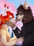  2020 anthro artist_name black_clothing black_jacket black_topwear blue_sky brown_hair canid chin_tuft clothed clothing duo eyes_closed facial_tuft female fur glistening glistening_eyes grey_body grey_eyes grey_fur hair hand_on_cheek happy hi_res jacket licking licking_another male male/female mammal narrowed_eyes nose_lick outside pink_cloud plant red_hair romantic romantic_couple santanahoffman side_view sky tongue tongue_out topwear tree wavy_hair yellow_clothing yellow_topwear 
