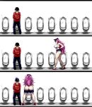  1boy 1girl ass breasts capcom clothes_pull hat height_difference high_heels highres huge_ass implied_futanari large_breasts long_hair meme micro_shorts nofuture pink_hair poison_(final_fight) shorts shorts_pull street_fighter sweatdrop thick_thighs thighs urinal 