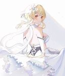  arm_up back bare_shoulders blonde_hair blurry blurry_background breasts bride dress floating_clothes floating_hair genshin_impact highres light looking_back lumine_(genshin_impact) short_hair smile unosaki2 white_background white_dress wind yellow_eyes 