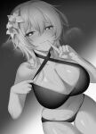  1girl absurdres bangs blush breasts breath cleavage closed_mouth criss-cross_halter crossed_bangs flower genshin_impact greyscale hair_between_eyes hair_flower hair_ornament halterneck heart heart-shaped_pupils highres ia_(ias1010) index_finger_raised large_breasts looking_at_viewer lumine_(genshin_impact) monochrome panties short_hair_with_long_locks simple_background solo symbol-shaped_pupils underwear wet 