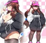  1girl absurdres baseball_cap black_hoodie breasts brown_hair brown_pantyhose clothes_pull fellatio food front_zipper hat heart highres holding holding_food hood hood_down hoodie konoshige_(ryuun) long_hair long_sleeves low_twintails mask mask_pull mouth_mask nipples oral original pantyhose pantyhose_pull partially_unzipped pink_headwear pink_nails popsicle popsicle_in_mouth popsicle_stick purple_eyes pussy sexually_suggestive simulated_fellatio small_breasts twintails two-tone_hoodie very_long_hair white_hoodie 
