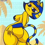  1:1 ahegaonewbie animal_crossing ankha_(animal_crossing) anthro big_butt blue_hair breasts butt claws domestic_cat egyptian felid feline felis female fluffy fluffy_tail fur hair hi_res mammal nintendo nipples simple_background solo thick_thighs video_games yellow_body yellow_fur 