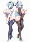  2girls absurdres areola_slip bare_shoulders blue_eyes blue_hair breast_curtains breasts brown_eyes cleavage clothing_cutout crossed_legs curvy eula_(genshin_impact) full_body genshin_impact gloves grin hair_over_one_eye high_heels highres hip_vent huge_breasts lamsass long_hair looking_at_viewer multiple_girls partially_fingerless_gloves revealing_clothes shenhe_(genshin_impact) shoulder_cutout simple_background smile thighhighs underboob v_arms watson_cross white_background white_gloves wide_hips 