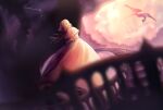  1girl audrey_hall blonde_hair blurry blurry_foreground cloud dragon english_commentary flying fruitdian green_eyes highres long_hair looking_at_another looking_back looking_up lord_of_the_mysteries night night_sky open_mouth pajamas pink_pajamas sky smile stairs star_(sky) starry_sky 