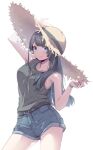  1girl bangs belt black_belt blue_eyes blue_shorts bracelet denim denim_shorts grey_tank_top hand_on_headwear hat highres jewelry leaning_to_the_side long_hair looking_at_viewer neo_(tyottama) nijisanji onomachi_haruka short_shorts shorts smile solo sun_hat tank_top virtual_youtuber white_background 