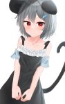  1girl alternate_costume animal_ears bangs black_dress blush breasts closed_mouth collarbone commentary_request cowboy_shot dakuazu dress grey_hair highres mouse_ears mouse_girl mouse_tail nazrin off-shoulder_dress off_shoulder paid_reward_available red_eyes short_hair simple_background small_breasts solo tail touhou white_background 