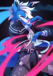  absurd_res action_pose anthro belt blue_body bodysuit canid canine canis clothing cyano domestic_dog fish future hair hi_res knife liloli_(artist) male mammal marine pose protection shark simple_background skinsuit solo straps suit tight_clothing white_body white_eyes white_hair 