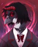  2019 abstract_background anthro artist_name avian beak black_hair black_sclera bust_portrait clothed clothing collar dated front_view fur grey_beak grey_body grey_clothing grey_collar grey_fur grey_topwear hair hi_res horn male mouth_closed portrait pupils red_bow_tie red_eyes red_horn santanahoffman short_hair slit_pupils solo topwear white_body white_clothing white_fur white_topwear 