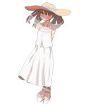  1girl arms_behind_back brown_eyes brown_hair dress full_body grin hat highres kantai_collection namakura_neo platform_footwear ryuujou_(kancolle) sandals smile solo sun_hat sundress white_background 