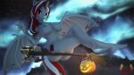  3d_(artwork) absurd_res anthro areola arm_tattoo aurora_borealis bat_pony bat_wings breasts broom broom_riding cleaning_tool cutie_mark digital_media_(artwork) equid equine fan_character fangs female flying_broomstick gesture hair hasbro hi_res horn hybrid jack-o&#039;-lantern looking_at_viewer lovers_(oc) loveslove mammal membrane_(anatomy) membranous_wings multicolored_hair my_little_pony night nipples red_eyes red_hair smile star tattoo two_tone_hair v_sign white_hair winged_unicorn wings 