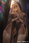  1girl blonde_hair blue_eyes breasts church gloves highres indoors large_breasts long_hair looking_at_viewer nun original own_hands_together paid_reward_available polki pubic_hair see-through stained_glass standing thighhighs thighs very_long_hair white_gloves 