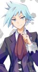  1boy bangs blue_eyes closed_mouth collared_shirt commentary_request hand_up highres jacket jewelry long_sleeves male_focus nanashino_(7shino_gs) necktie pokemon pokemon_(game) pokemon_oras purple_vest red_necktie ring shirt short_hair smile solo steven_stone upper_body vest white_shirt 