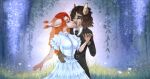  2020 anthro artist_name black_clothing black_necktie blue_clothing blue_dress brown_hair brown_nose canid cheek_tuft clothed clothing dress duo ears_back elbow_tuft embrace eyelashes eyes_closed facial_tuft female front_view fur gradient_hair grass hair hand_holding hi_res hug hugging_from_behind male male/female mammal necktie orange_hair outside pivoted_ears plant red_hair romantic romantic_couple santanahoffman smile standing tan_body tan_fur tuft white_necktie 