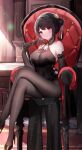  1girl absurdres azur_lane bangs bare_shoulders black_bodysuit black_footwear black_hair black_pantyhose blush bodystocking bodysuit breasts chair chen_hai_(azur_lane) chen_hai_(vestibule_of_wonders)_(azur_lane) china_dress chinese_clothes closed_mouth covered_navel crossed_legs dress elbow_gloves folding_fan foot_out_of_frame gloves hair_bun hand_fan high_heels highres holding holding_fan indoors lace-trimmed_gloves lace_trim large_breasts legs long_hair long_legs looking_at_viewer official_alternate_costume pantyhose red_eyes sidelocks sitting smile solo usagi_(786113654) 