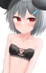  1girl alternate_costume animal_ears bangs blush bra breasts closed_mouth collarbone commentary_request dakuazu grey_hair highres mouse_ears mouse_girl nazrin paid_reward_available red_eyes short_hair simple_background small_breasts solo strapless strapless_bra touhou underwear upper_body white_background 