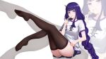  1girl absurdres bangs black_thighhighs braid braided_ponytail closed_mouth commentary_request feet_up food full_body genshin_impact highres kong_ting long_hair looking_at_viewer purple_eyes purple_hair raiden_shogun shirt short_shorts short_sleeves shorts sitting thighhighs thighs white_shirt 