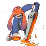  1girl baconpal black_pants buttons closed_mouth english_commentary fang full_body headphones holding holding_weapon ink inkling inkling_girl long_hair long_sleeves looking_at_viewer orange_hair pants shoes simple_background sneakers solo splatana_stamper_(splatoon) splatoon_(series) splatoon_3 standing tentacle_hair twintails weapon white_background white_footwear 