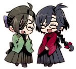  2boys :d ^_^ ahoge antenna_hair back_bow black_footwear black_hair black_hakama boots bow braid chibi closed_eyes constantine_xi_(fate) crossdressing earrings fate/grand_order fate_(series) full_body glasses gloves green_kimono hair_between_eyes hair_bow hair_over_one_eye hair_pulled_back hakama hakama_skirt hand_to_own_mouth highres japanese_clothes jewelry kimono long_hair male_focus meiji_schoolgirl_uniform multiple_boys outline partially_translated patterned_clothing pink_outline purple_bow red_bow red_kimono simple_background single_braid single_glove skirt smile touma_rui translation_request v_arms white_background yamanami_keisuke_(fate) 