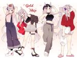  1girl :d alternate_costume animal_ears arm_up arms_behind_head bag bangs belt breasts brown_pants buckle character_name commentary_request drawstring eyewear_on_head ggubii0225 gold_ship_(umamusume) grey_hair grey_skirt hand_on_eyewear hand_on_hip hands_on_hips highres holding holding_bag horse_ears horse_girl horse_tail jacket korean_commentary leg_up long_hair looking_at_viewer midriff multicolored_clothes multicolored_jacket multiple_views navel overalls pants plastic_bag ponytail purple_belt purple_eyes sandals shoes shorts skirt slippers smile sneakers sunglasses tail teeth thigh_strap umamusume very_long_hair white_footwear white_shorts yawning 