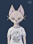  absurd_res accessory anthro arctic_fox big_ears canid canine clothing ear_piercing explicit_text female fox green_eyes hair_accessory hair_tie hi_res humor mammal meme meme_clothing piercing sasha_(system_exception) shirt sidpoke slim solo topwear 