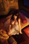 1girl bare_shoulders barefoot black_hair blue_eyes breasts cleavage cool4noodle dress futon hair_between_eyes highres large_breasts mole mole_on_breast on_floor open_mouth original pillow see-through seiza sitting tongue tongue_out veins veiny_breasts white_dress 