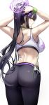  1girl arms_up ass back bare_arms black_hair blue_archive cowboy_shot ddangbi earphones halo highres long_hair looking_at_viewer looking_back pants purple_eyes solo sportswear sumire_(blue_archive) thighs wristband yoga_pants 