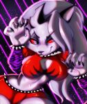  2022 5_fingers anthro arm_warmers armwear belt big_breasts black_nose bracelet breasts canid canid_demon cleavage_cutout clothing collar colored cosplay demon digital_media_(artwork) female fingers five_nights_at_freddy&#039;s five_nights_at_freddy&#039;s:_security_breach fur grey_body grey_fur grey_hair hair hellhound helluva_boss hi_res jewelry looking_aside loona_(helluva_boss) mammal midriff mitsvalen monotone_hair multicolored_body multicolored_fur notched_ear red_sclera roxanne_wolf_(fnaf) scottgames shaded side_boob smile solo spiked_belt spiked_bracelet spiked_collar spikes two_tone_body two_tone_fur video_games white_body white_eyes white_fur 