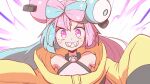  1girl aqua_hair bare_shoulders bow-shaped_hair breasts eyelashes hair_ornament happy iono_(pokemon) kurachi_mizuki long_hair looking_at_viewer multicolored_hair one_eye_closed oversized_clothes pink_hair pokemon pokemon_(game) pokemon_sv purple_eyes sharp_teeth sleeves_past_fingers sleeves_past_wrists smile solo teeth twintails two-tone_hair 