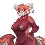  2021 ailurid anthro big_breasts blue_nose breasts brown_body brown_fur collar collar_only female front_view fur grin half-length_portrait hands_on_hips helgafox hi_res looking_at_viewer mammal nipple_tape nude one_eye_closed pasties portrait red_panda smile solo taffy_(milofox) tape wink 