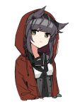  1girl alternate_costume black_hair black_neckerchief brown_eyes closed_mouth hair_horns hatsuzuki_(kancolle) highres hood hoodie kantai_collection looking_at_viewer neckerchief red_hoodie sayuwan school_uniform serafuku simple_background solo upper_body white_background 