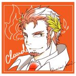  1boy black_eyes blush border character_name claude_(housamo) commentary facial_hair goatee highres laurel_crown long_sideburns looking_to_the_side male_focus mature_male momisuri necktie portrait red_background red_hair red_necktie short_hair sideburns smile solo thick_eyebrows tokyo_afterschool_summoners twitter_username white_border 
