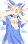  1girl blue_bow blue_eyes blue_hair blue_shirt blush bow breasts cirno detached_wings double_v e.o. fairy hair_between_eyes hair_bow highres ice ice_wings open_mouth shirt short_hair short_sleeves simple_background small_breasts smile solo touhou upper_body v white_background wings 