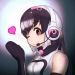  1girl absurdres african_penguin_(kemono_friends) animal_costume bare_shoulders black_hair elbow_gloves gloves headphones heart highres kemono_friends kemono_friends_v_project long_hair looking_at_viewer microphone multicolored_hair ni_daco one_eye_closed penguin_costume penguin_girl purple_hair red_eyes shirt simple_background sleeveless sleeveless_shirt smile solo virtual_youtuber white_hair zipper 