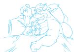 bed bowser cuddling duo facial_hair furniture hi_res horn human intimate koopa luigi male male/male mammal mario_bros mustache nintendo pillow scalie size_difference video_games watmeedraw 