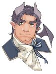  1boy bara bat_wings bow cleft_chin closed_mouth collar demon_horns formal gold_trim green_eyes highres horns light_smile looking_at_viewer lostdog121 lucifuge_(housamo) male_focus muscular muscular_male pointy_ears portrait purple_hair short_hair solo thick_eyebrows tokyo_afterschool_summoners white_background wings 