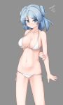  1girl absurdres alternate_costume arm_behind_back bikini blue_eyes blue_hair breasts cleavage closed_mouth double_bun grabbing_own_arm grey_background hair_bun highres kantai_collection large_breasts looking_at_viewer maru_(marg0613) one-hour_drawing_challenge short_hair side-tie_bikini_bottom simple_background solo swimsuit twitter_username urakaze_(kancolle) white_bikini 