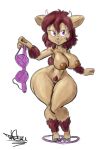  bra brown_hair clothing genitals hair holding_bra holding_clothing holding_object holding_underwear mammal nude pubes pussy simple_background tansau thick_thighs thong underwear white_background wide_hips 
