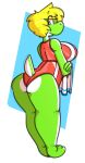  2018 anthro big_breasts blonde_hair breasts butt clothing dogfluid female green_body green_tail hair looking_back mario_bros nintendo paws red_clothing solo swimwear video_games white_body white_clothing white_tail yoshi 