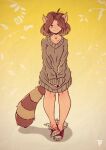  1girl absurdres ahoge animal_ears artist_name blush borrowed_character bottomless breasts brown_hair chromatic_aberration closed_mouth collarbone commentary english_commentary floral_background fox-pop_vli full_body gradient gradient_background grey_sweater happy highres legs long_sleeves looking_at_viewer naked_sweater nose_blush original own_hands_together raccoon_ears raccoon_girl raccoon_tail red_footwear retro_artstyle shoes short_hair small_breasts smile solo split_mouth standing straight-on striped_tail sweater tail v_arms watermark yellow_background yellow_eyes 